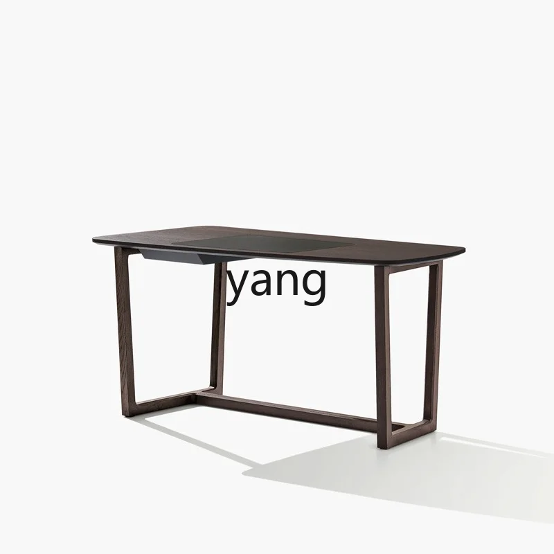 

Yjq Minimalist Solid Wood Desk Saddle Leather Writing Desk Modern Computer Desk Leather Office Table