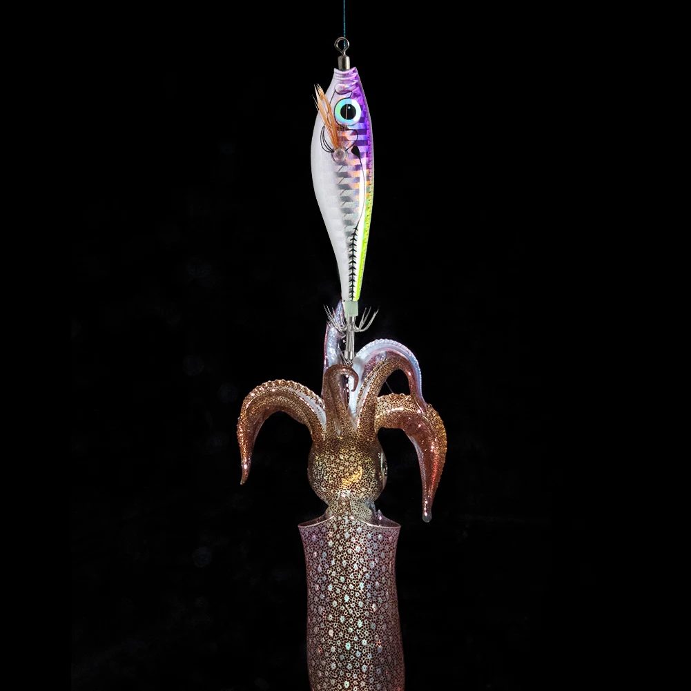 Squid Jig Hooks Luminous Wood Shrimp Hard Bait with Double-Layered Hooks Squid Hooks for Freshwater and Saltwater Fishing