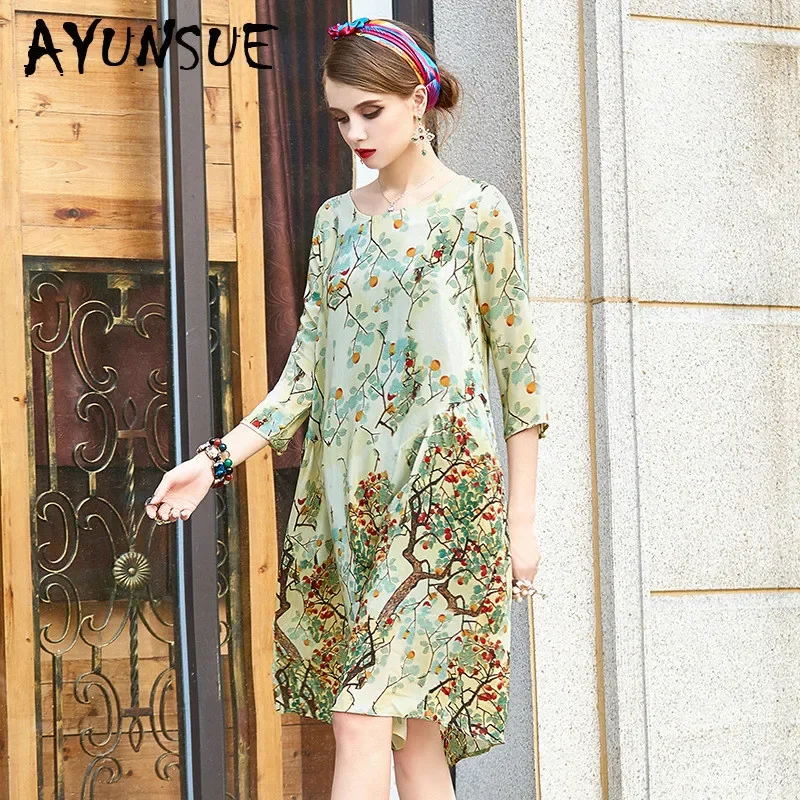 

Real Silk Dress Women Summer Dress Korean Vintage Print Beach Dress Elegant Party Dresses Woman Vestidos Robe Femme 28923 YY2768