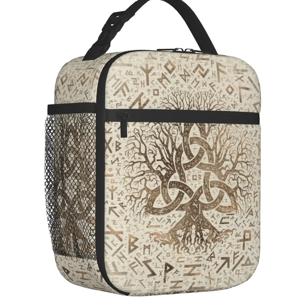 Tree Of Life With Triquetra And Futhark Pastel Gold Insulated Lunch Bag Viking Norse Yggdrasil Portable Thermal Cooler Bento Box