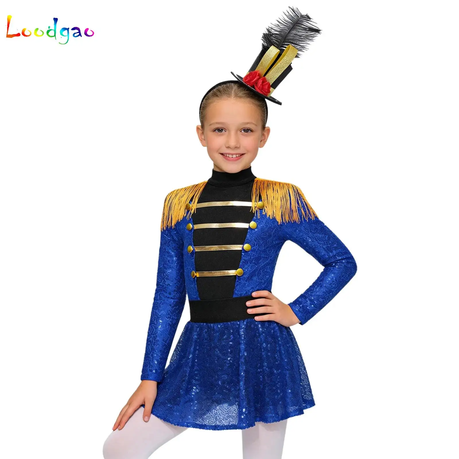 

Girls Circus Performance Costume Halloween Ringmaster Jumpsuit Sequins Leotard Dress with with Feather Headband Outfit Magician