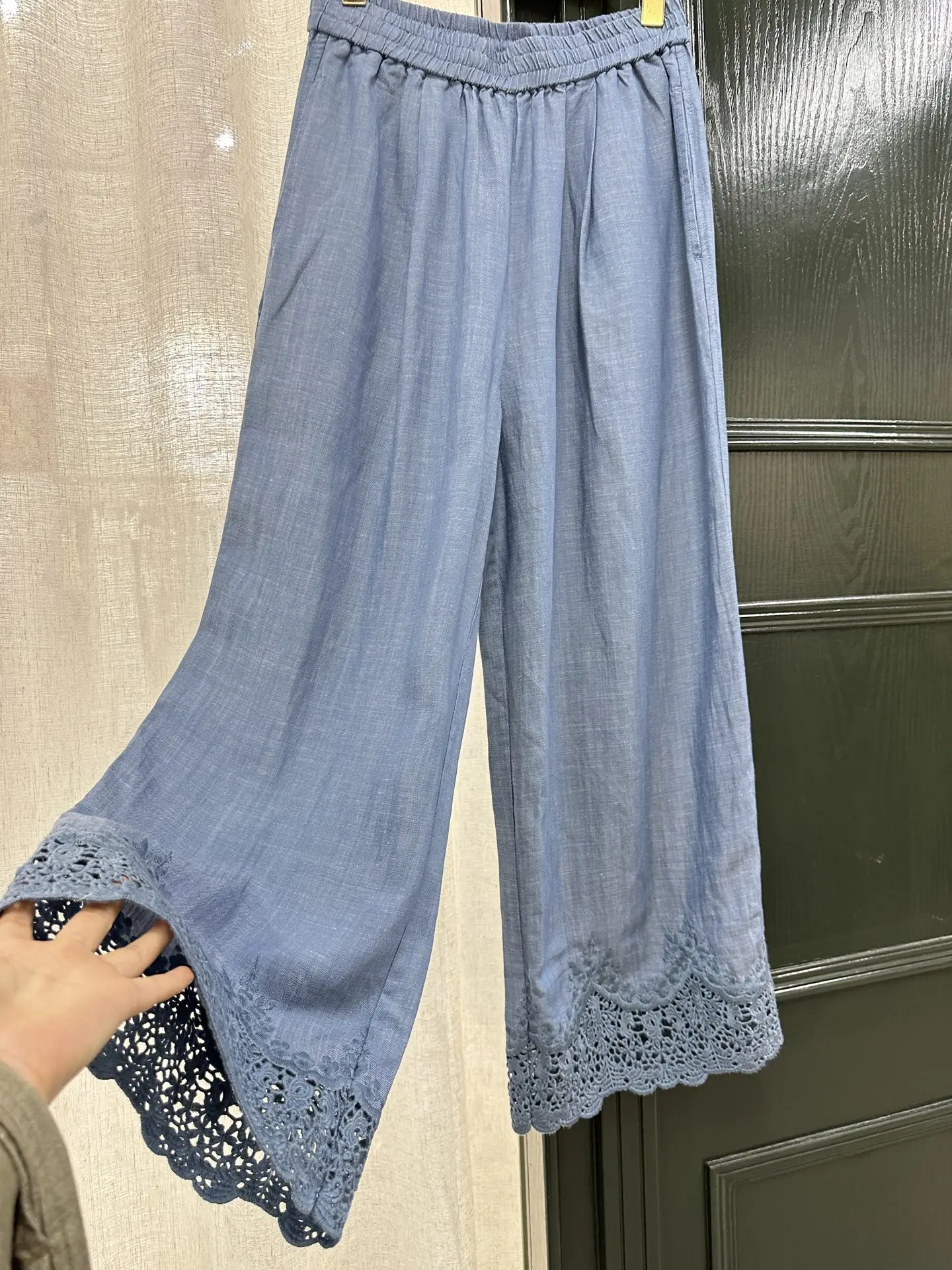 2026 Women Solid Color Embroidery Hollow Out Wide Leg Pants Elastic Waist Straight Loose Long Trousers