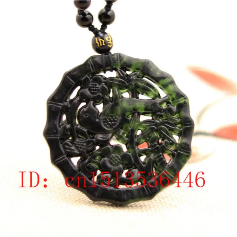 Hollow Out Double-sided Carved Birds Flowers Jade Pendant Natural Black Green Necklace Charm Jewellery Fashion Amulet Gifts