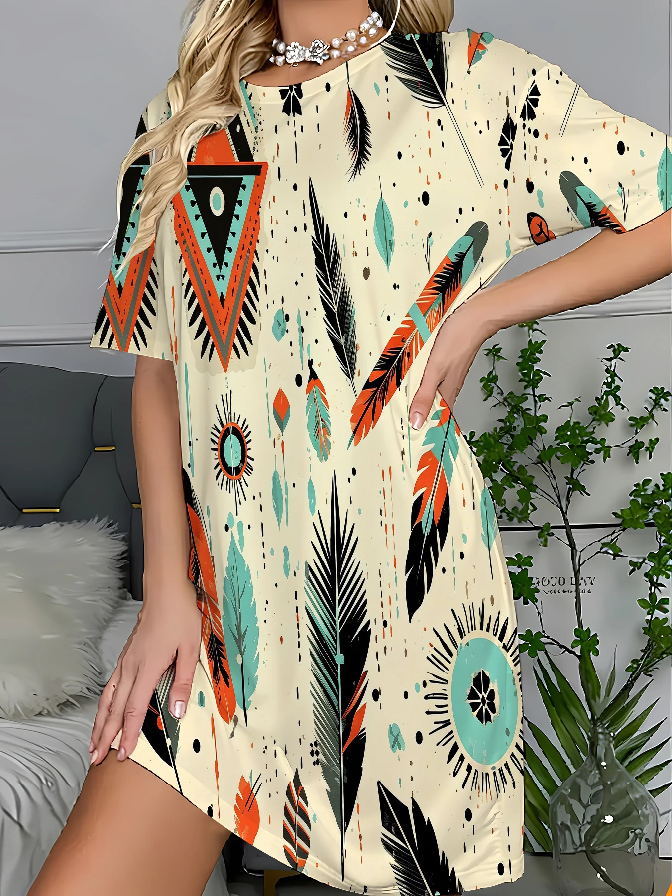 Women's All-Over Print Sleep Dress Soft Knit Summer Nightgown Casual