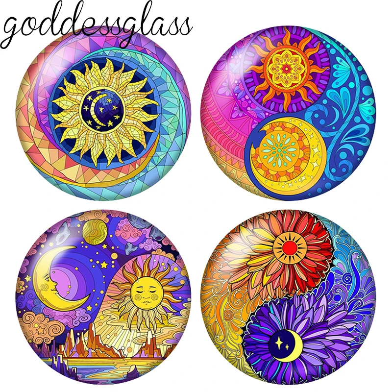 New Half Sun Half Moon Drawings Patterns 10pcs 12mm/18mm/20mm/25mm Round Photo Glass Cabochon Demo Flat Back Making Findings