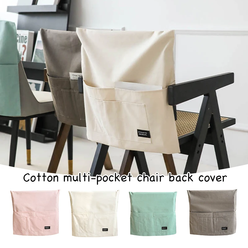 Multi Pocket Dining Chair Backrest Cover Cotton Dining Room Anti-dust Armchair Cover Chair Back Cover With Storage Pocket