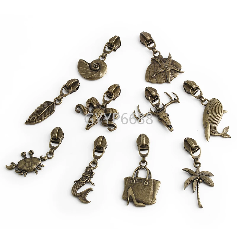 10/50/100PCS Bronze Lotus/Tyrannosaurus Shape 5# Nylon Metal Zipper Slider Head For Luggage Purse Bags Zip Puller Accessories