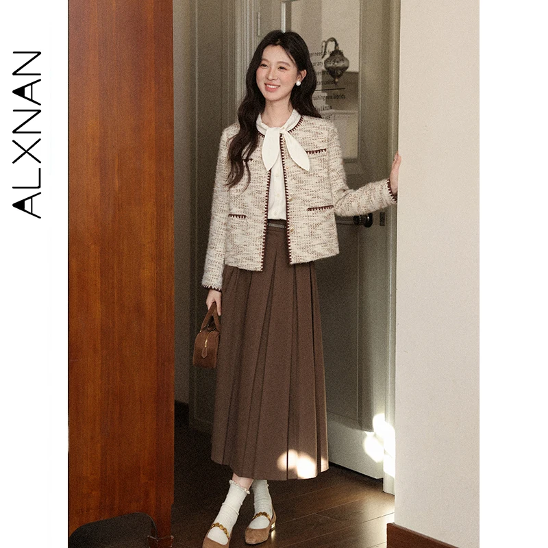 

ALXNAN Apricot Coat Color-blocking Patchwork Button Pockets Short Jackets Regular Shoulder Casual Versatile Woman's Coat L57837