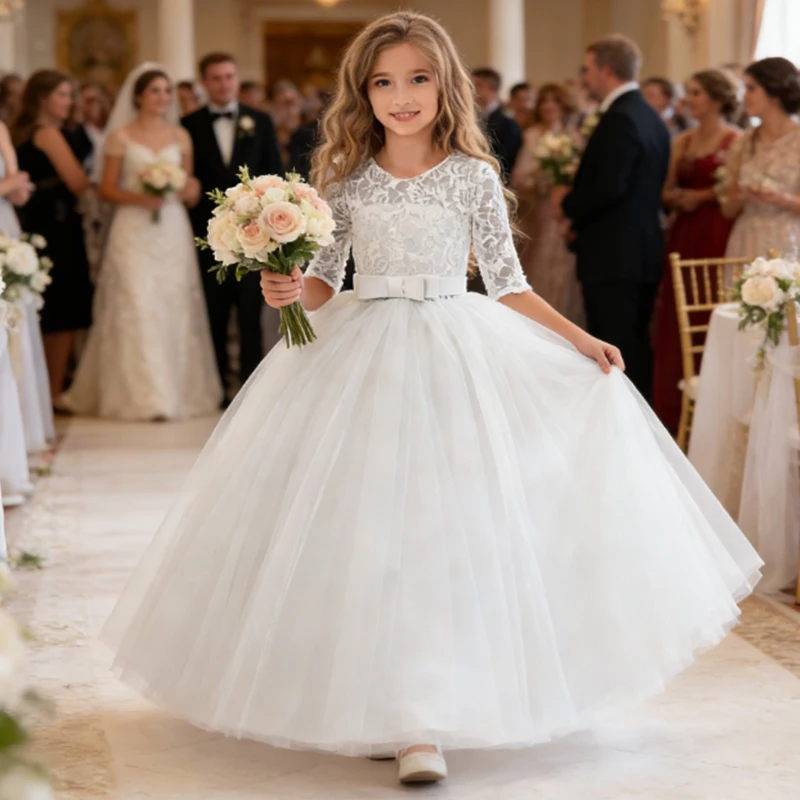 Abiti eleganti per ragazze Abito da principessa per ragazze Abito lungo in pizzo bianco Matrimonio Damigella d'onore Festa di compleanno Abito da ballo formale Abito festivo