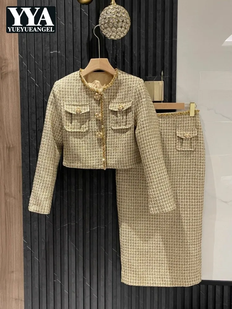 French Style Beading Sequin O-Neck Women Tweed Jacket Sets Autumn Fashion Party Coat Two-Piece Set Mid-Calf Length Skirt Outfits