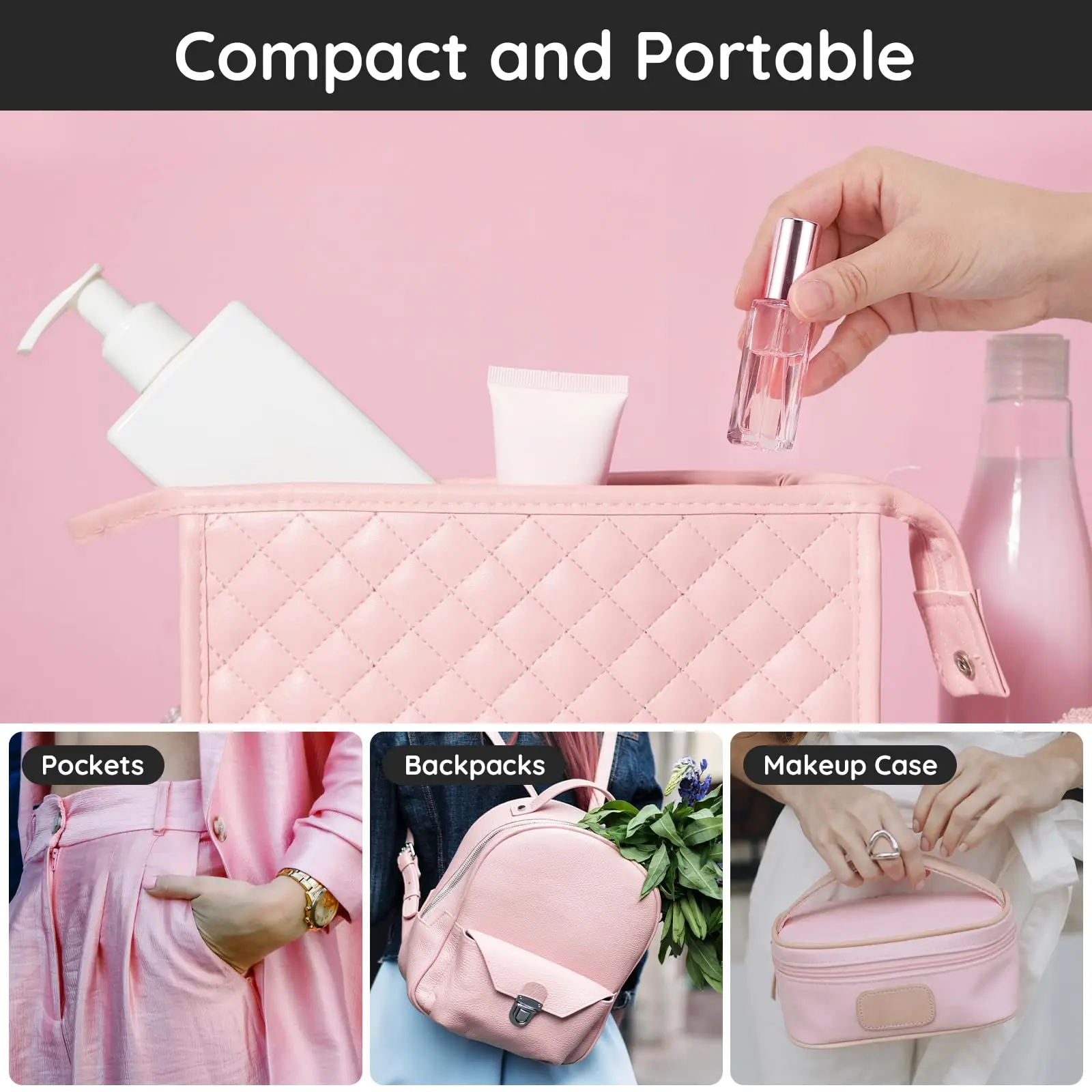 5pcs+3 accessories 10ml mini refillable perfume bottle with 5 spray bottles, 1 funnel, 1 spring-loaded straw and 1 dispenser