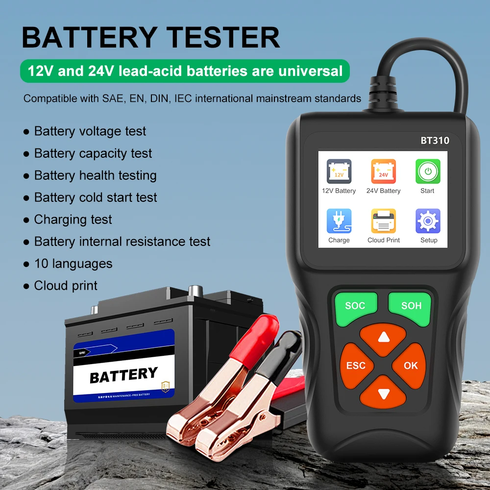 

Car Battery Health Tester BT310 12V-24V DC Motorcycles Truck Test Tool For Lead Acid AGM GEL EFP Batteries Charging Tester SOH