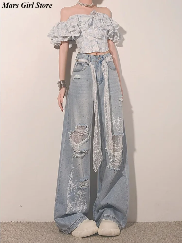

Y2K Streetwear Ripped Lace Rhinestone Jeans High Waist Wide Leg Straight Pants Women Summer Loose Vintage Bleach Denim Trousers