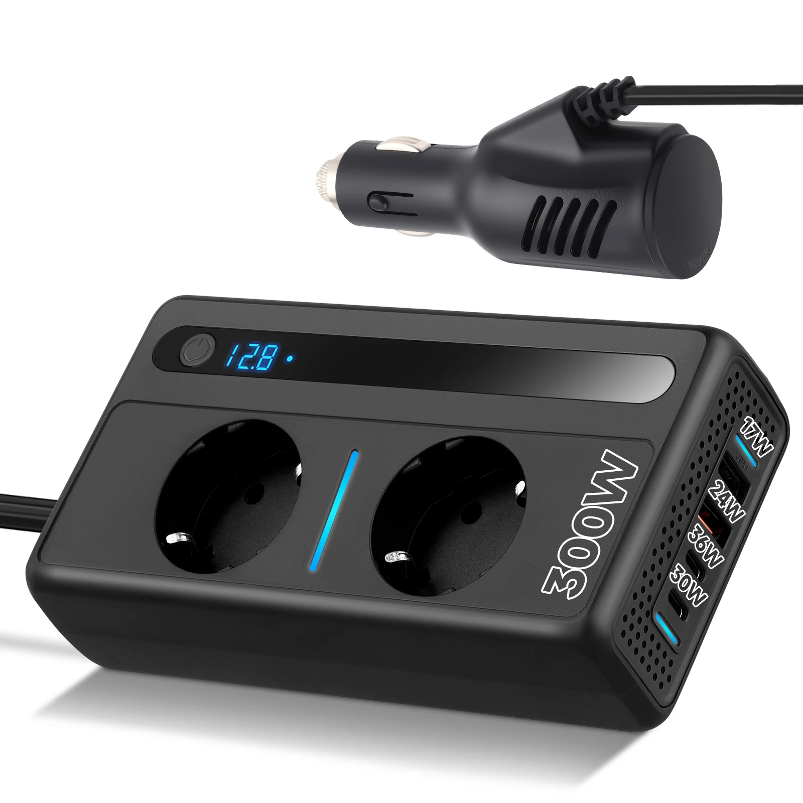 200W Auto-Stromwandler DC 12V zu AC 230V, Autoladegerät mit 2 AC-Steckdosen & 4 USB-Schnellladeanschlüssen, Zigarettenanzünder-Stecker