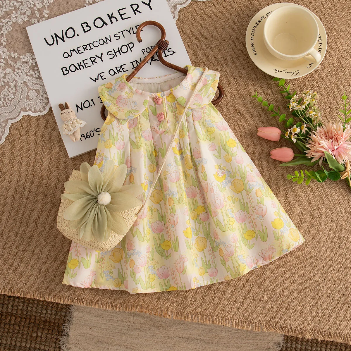 Baby Mädchen Kleid Sommer Blume Baumwolle Revers Ärmelloses Mädchen Kleid Niedlichen Kaninchen Mädchen Prinzessin Kleid Mit Tasche