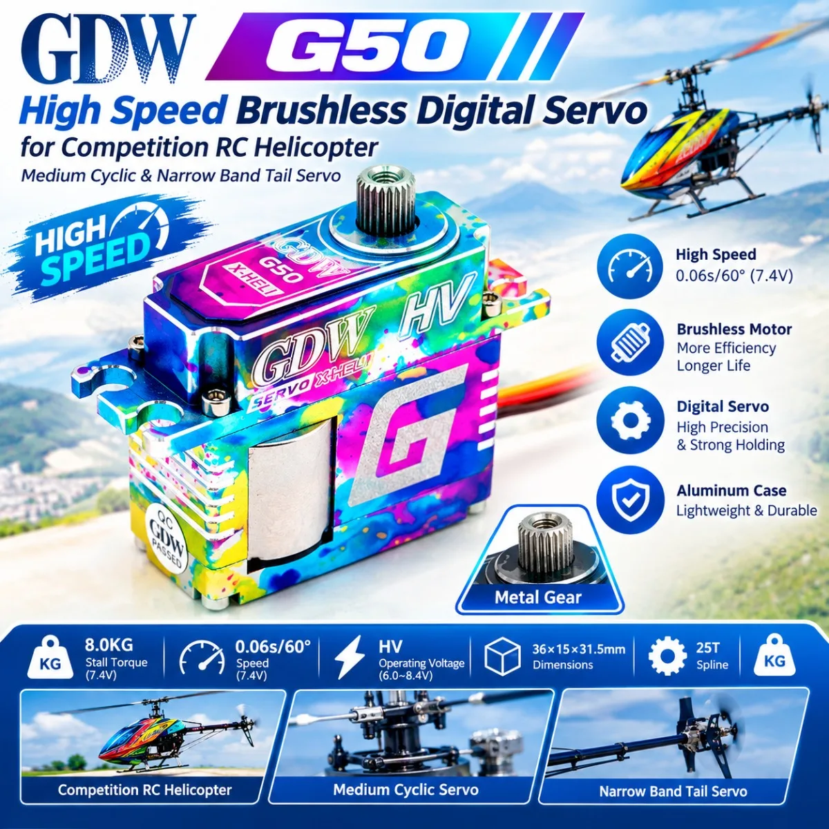 GDW G50 High Speed Brushless Digital Servo for Competition RC Helicopter, Medium Cyclic & Narrow Band Tail Servo