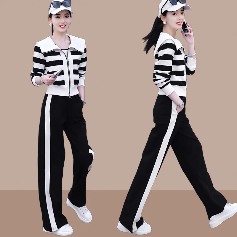 Autumn Women Tracksuit Outfit Stripe Print Korean Style Jacket Sweatshirt Loose Wide Leg Pant Workout Exercise Running suit Set