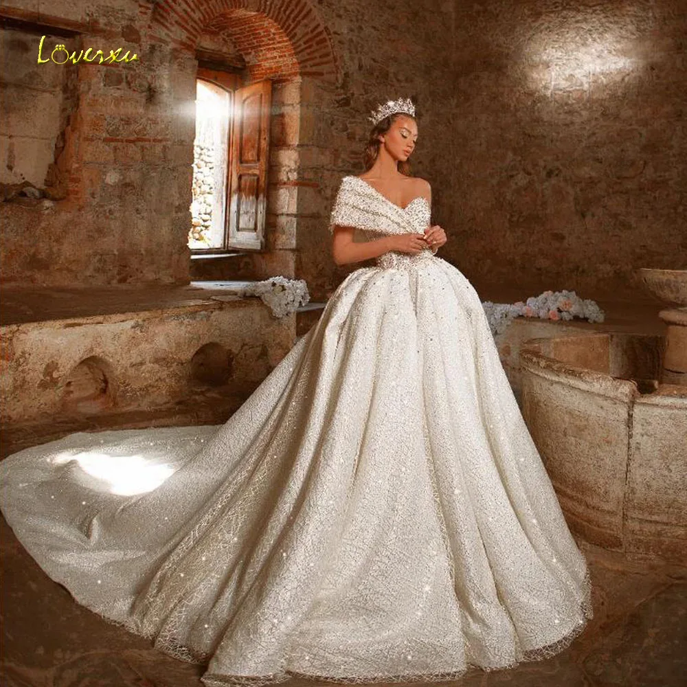 Loverxu Ball Gown Shiny Wedding Dresses Off The Shoulder Vestido De Novia Lace Sequined Pearls Exquisite Custom Made Bridal Gown