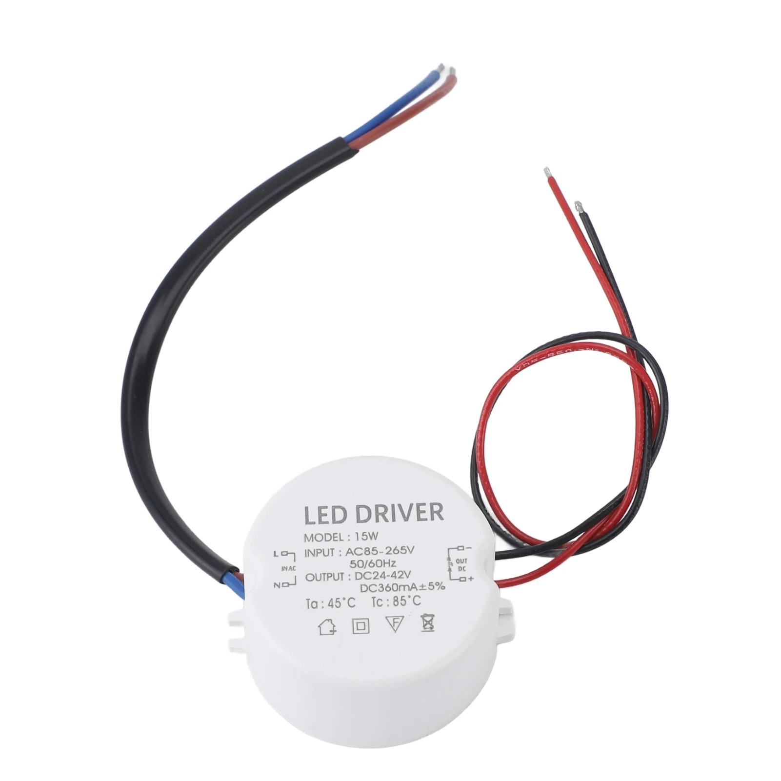 LED Power Supply Driver Waterproof Constant Voltage Transformer 360mA AC85‑265V to DC24‑42V Converter Round 15W