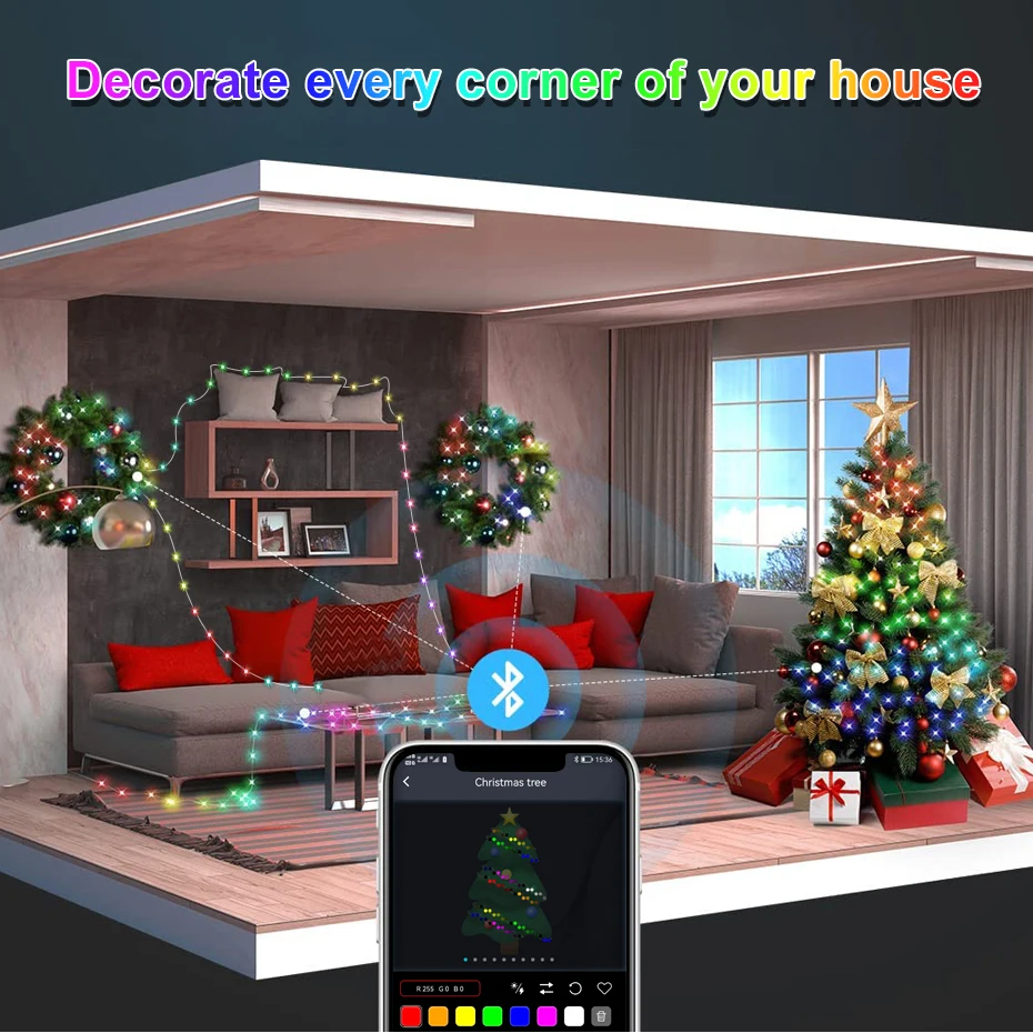 Dc 5v tira led luzes de fadas rgbic sonho cor natal led string luz regulável bluetooth app controle decoração festa em casa