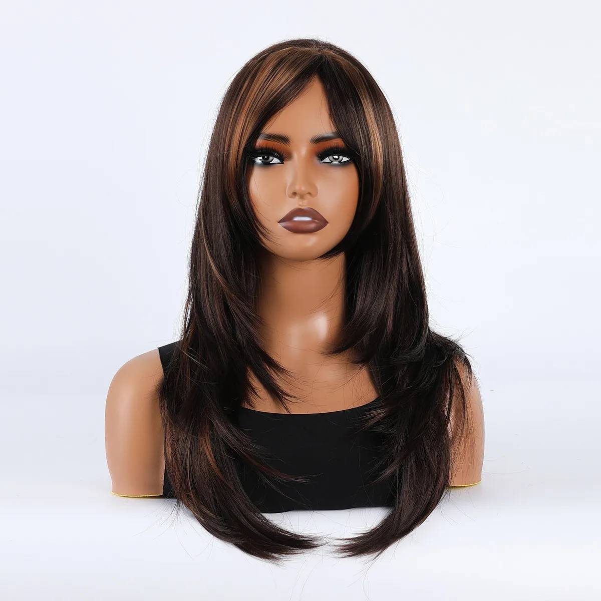 باروكة، غرة طويلة، طول الكتف، شعر متوسط الطول، شعر مستعار من الألياف الاصطناعية باللونين البني والأسود المتدرج