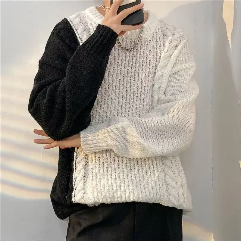 

Вязаный свитер для пар, круглый, мужской модный лоскутный цвет Blo Street Sle, корейский свободный крой, осень-зима