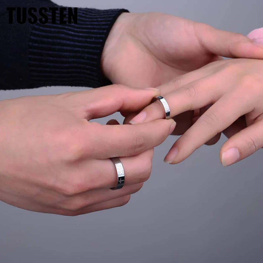TUSSTEN 6/8MM Tungsten Wedding Band Ring for Men Women Lord's Prayer Cross Ring Flat Polishing Bible Engraved Rings