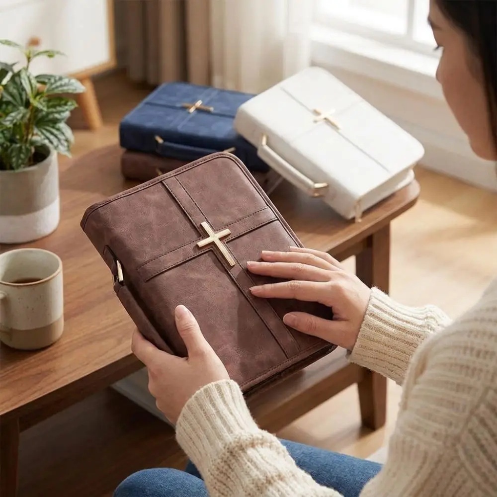Cross-themed Vegan Leather Bible Cover Dust-proof Built-in Bookmark Ribbon Bible Carrying Case Scratch Resistant