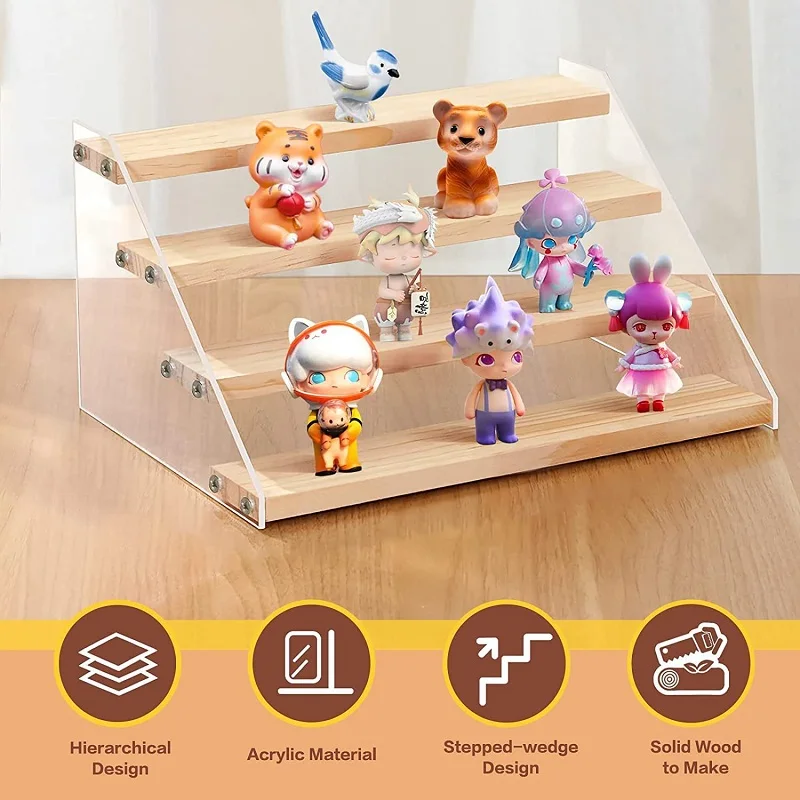 Wooden Acrylic Display Riser Shelf Mini Figures Cupcake Stand Makeup Perfume Holder Organizer Collectibles Toys Dolls Rack