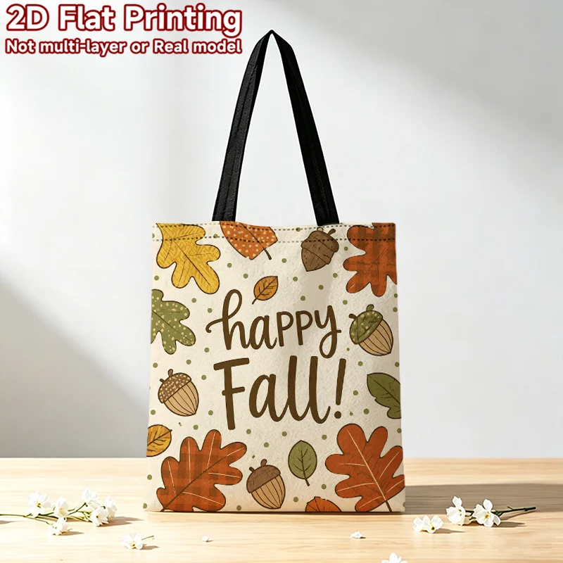Happy Fall Acorn Maple Leaf Canvas Tote Bag, Autumn Harvest Print Reusable Shoulder Bag, Thanksgiving Casual Shopping Handbag