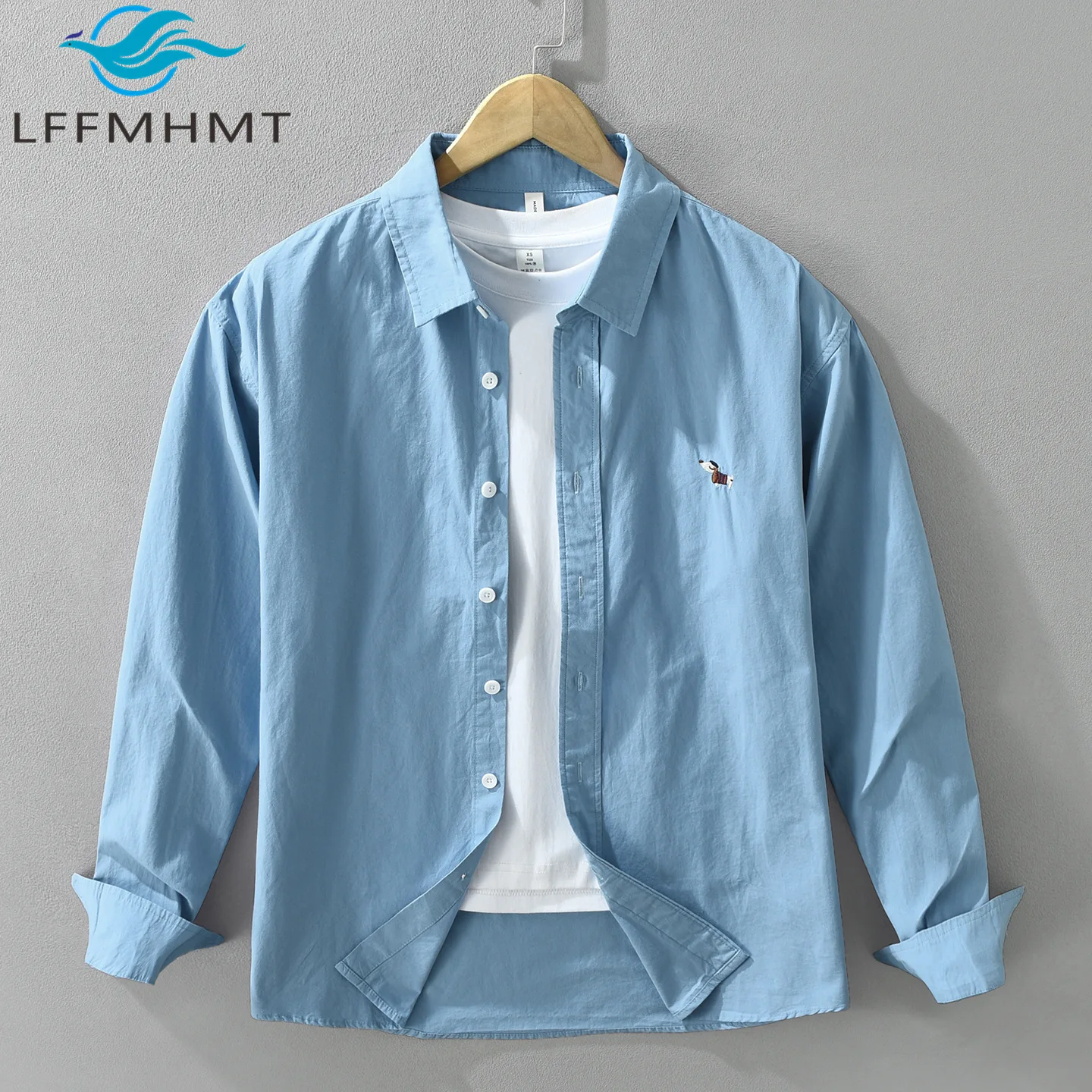 Men Solid 100% Cotton Long Sleeve Shirt Artistic Dog Embroidery Casual Minimalist Smart Casual Daily Layering Spring Fall Tops