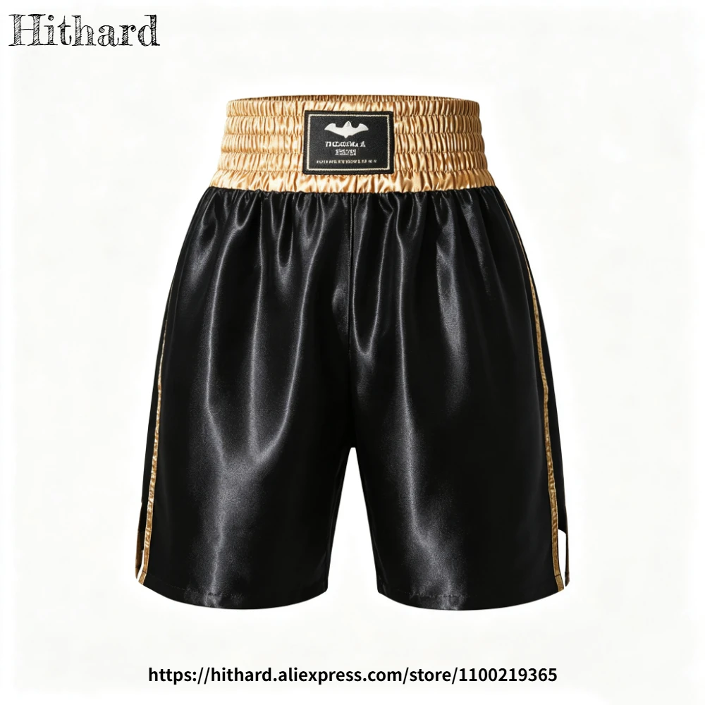 Men Women Children Boxing Trunks Shiny Satin Kickboxing Muay Thai Shorts Black Gold Long Fighting Shorts for MMA Boxing Training
