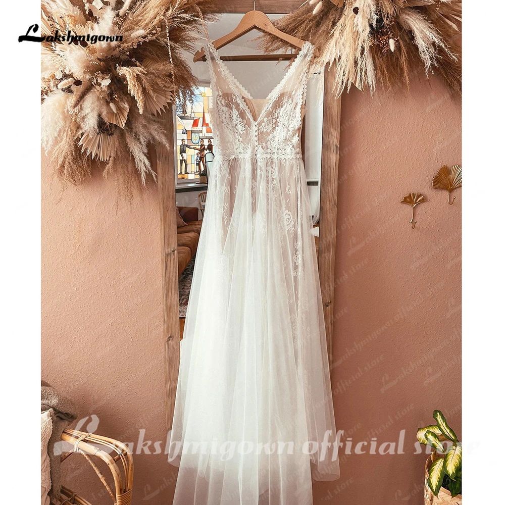 Lakshmigown vestidos com decote em v sem costas rendas uma linha boho vestido de casamento personalizado robe de mariage vestido de noiva civil para mulher