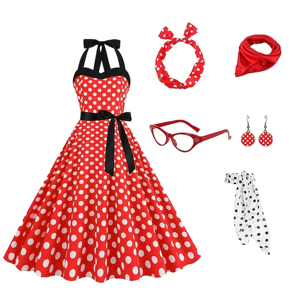 6pcs/set Women Polka Dots Strapless Dress 1950s 60s Hepburn Vintage Party Cocktail Dress with Accessory Earrings Glasses