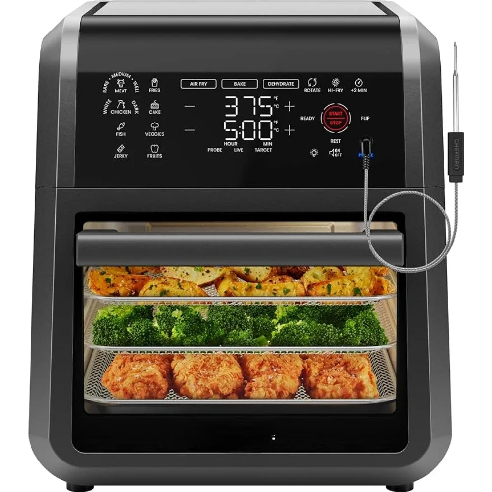 12 Quart 5-in-1 Air Fryer with Integrated Smart Cooking Thermometer, 28 Touchscreen Presets