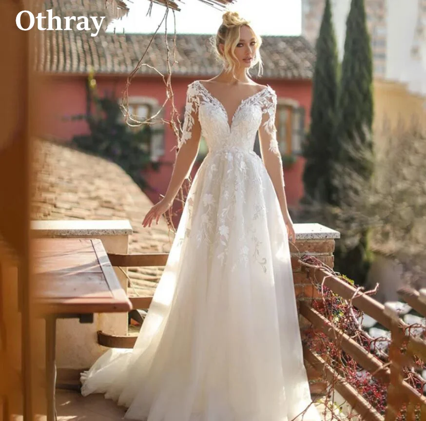 

Othray A Line Wedding Dresses Lace Applique V Neck Long Sleeves Backless Bridal Gowns Vestidos De Noiva Mariage 2025