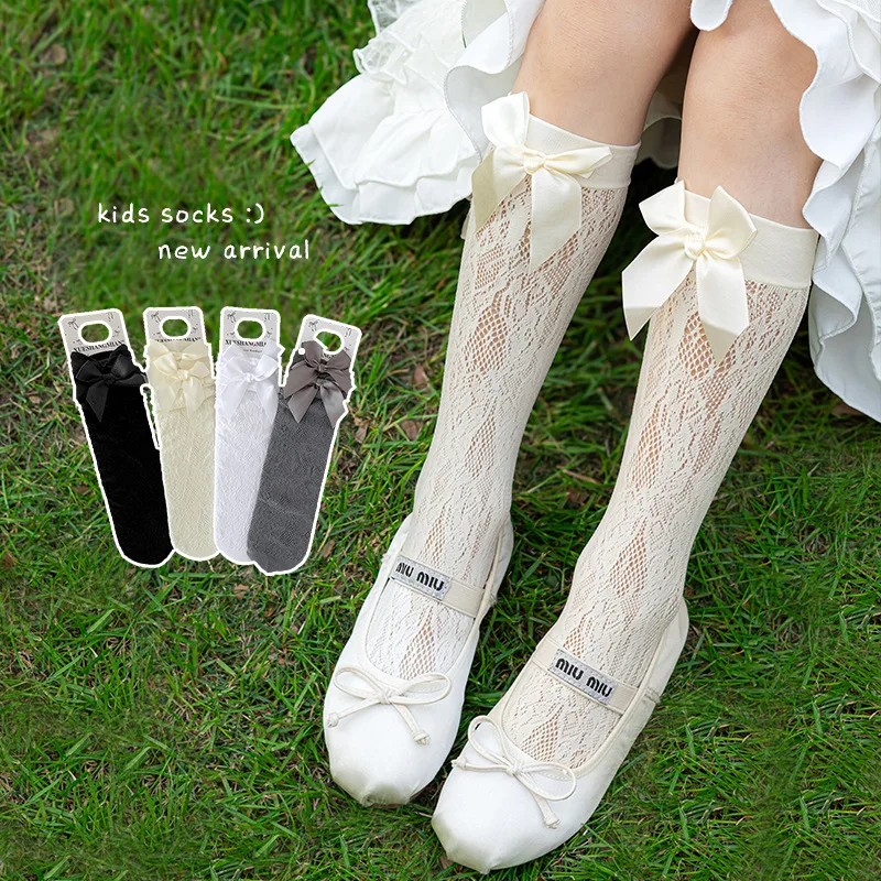 

1 пара дышащих кружевных детских носков черно-белого цвета с большим бантом, носки до колена для девочек, носки для балета и танцев
