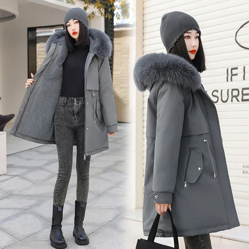 2023 New Winter Jacket Women's Thick Warm Down Cotton Padded Jackets Plus Velet Hooded Loose Parkas Puffer Coat Fur Lining Mujer