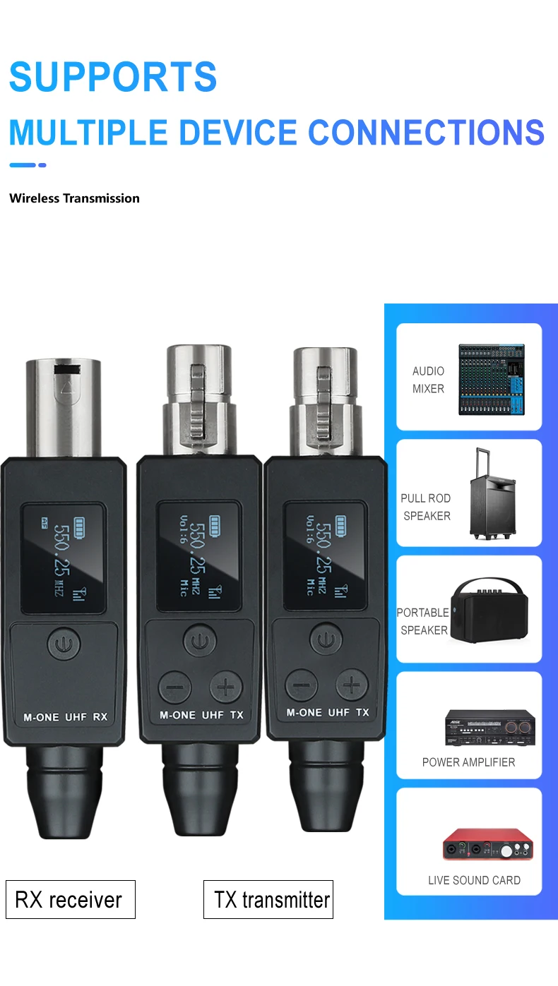 Micrófonos de 2 canales UHF DSP con cable a sistema inalámbrico, transmisor y receptor XLR, adaptador de señal para condensador dinámico de 48v,