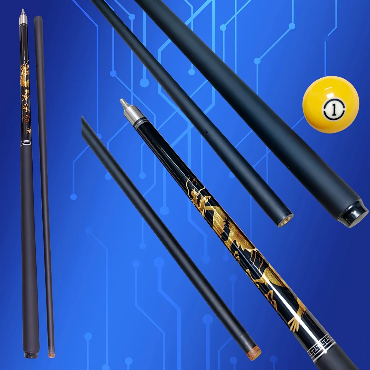 Black with Golden Dragon Design Pool Cue 12.5 mm Cue Tip 1/2 Split Design 58 inch - Perfect Gift for Thanksgiving & Father's Day