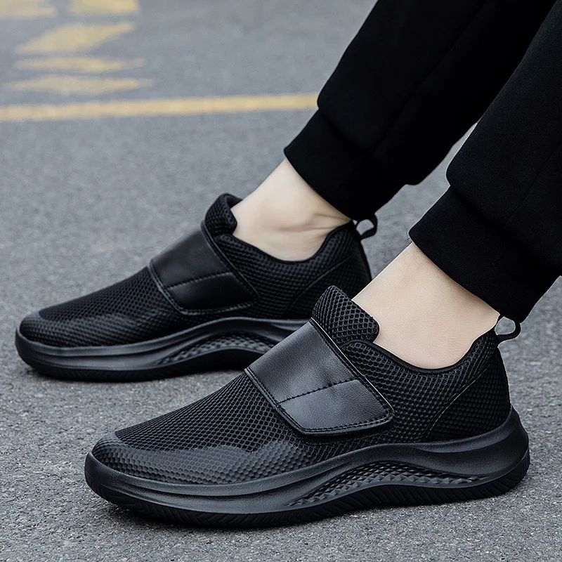 Men Breathable Mesh Walking Shoes Single Hook and Loop Thick Platform Non Slip Casual Sneakers
