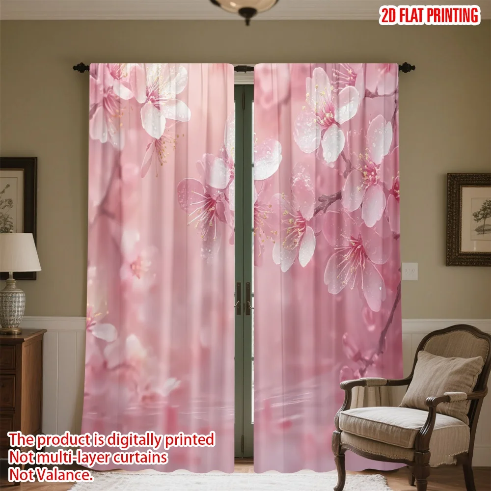

2D flat printing 2pcs Scene Curtain Spring Cherry Blossoms Digital Printed Polyester Drapes Party Decorations Use for Door Wall