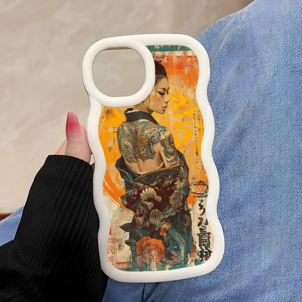 

Retro Tattoo Girl Mobile Phone Case for iPhone 17 16 15 14 13 12 11 Air Pro Max Plus Wavy Edge TPU Colorful Cover Cover Luxury