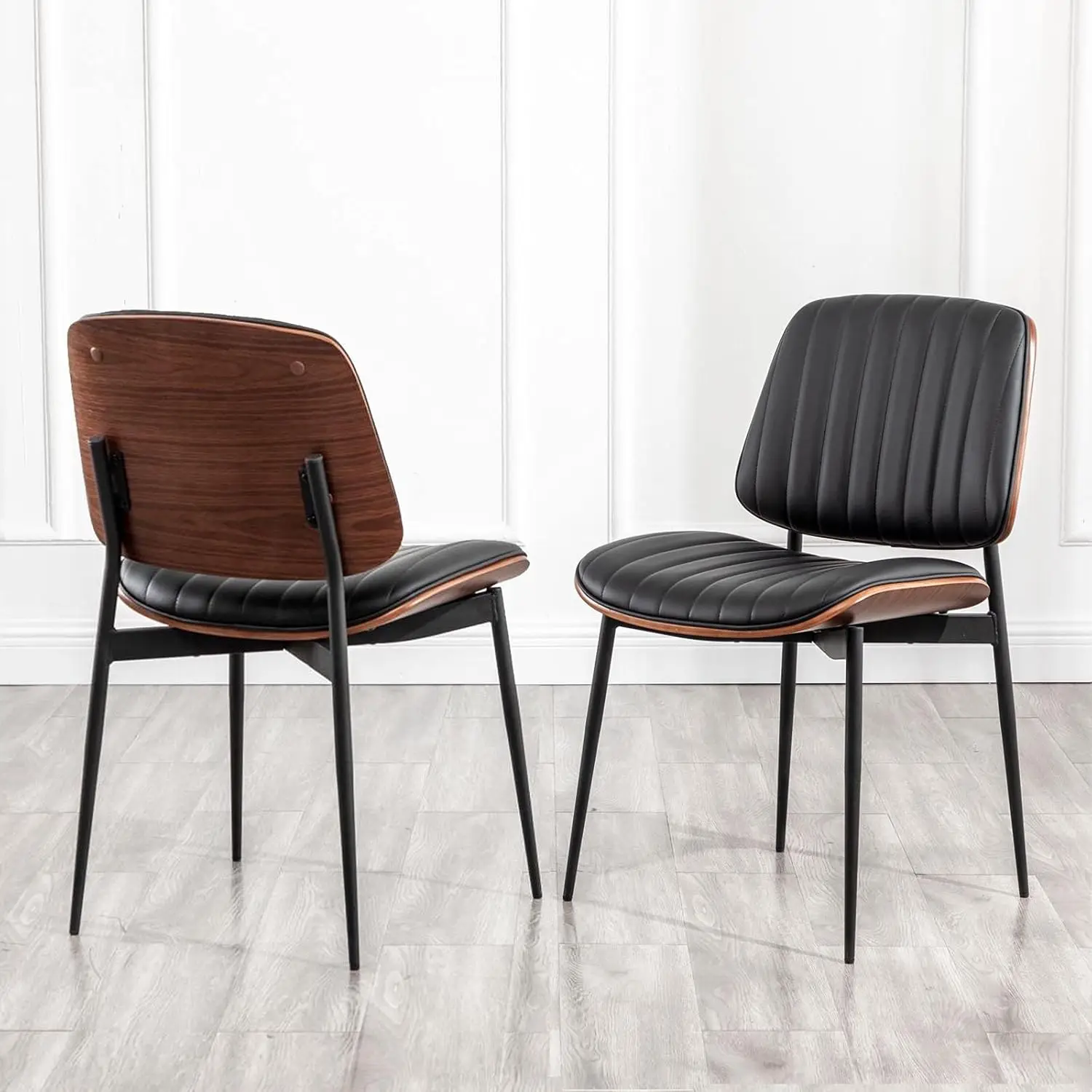 Lunling Dining Chairs Set Of 2 Mid Century Modern Retro Faux Leather Chair With Walnut Bentwood Upholstered Seat Metal Legs