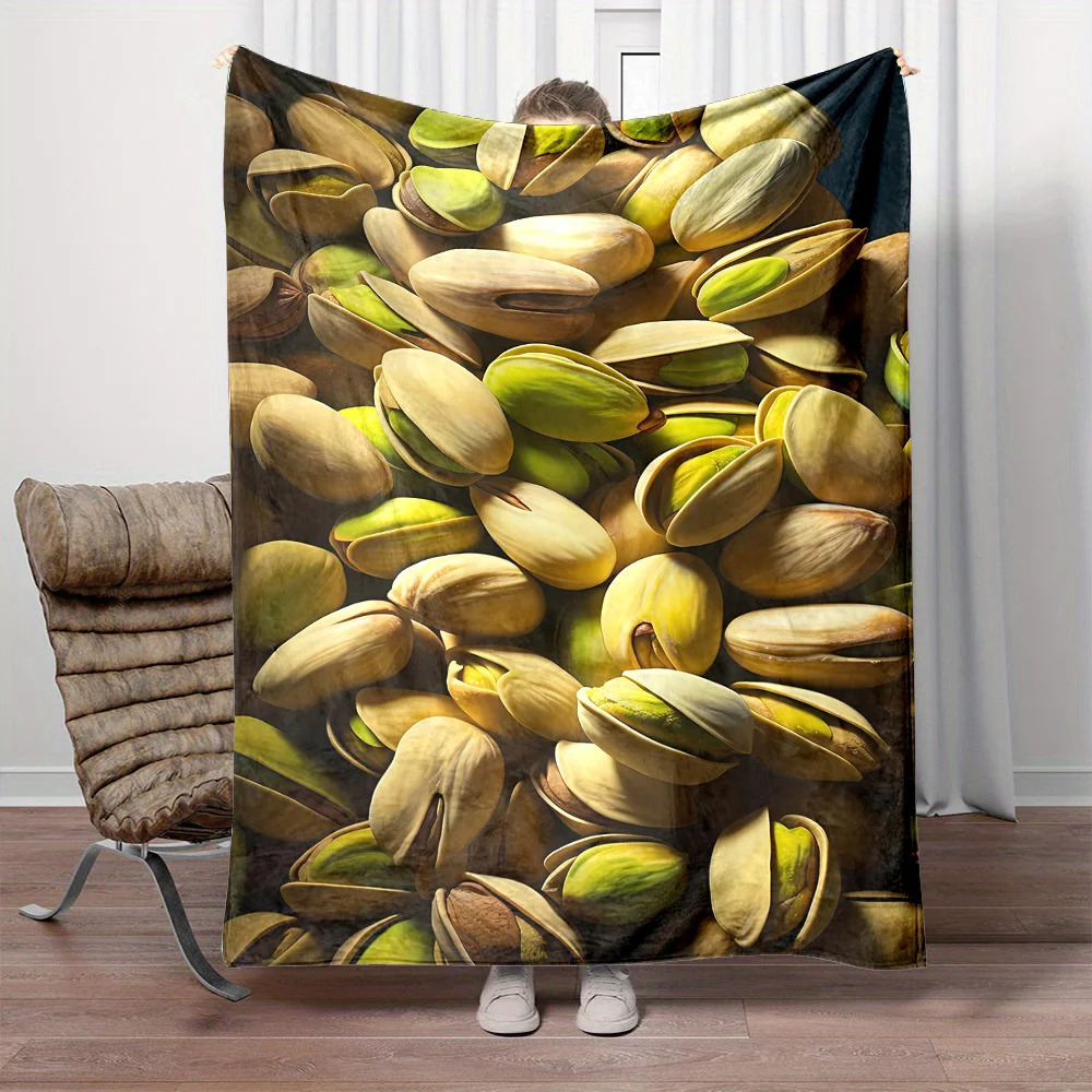 Contemporary Reversible Flannel Throw Blanket, Cartoon Nut Theme, Fresh Opened Pistachio Close-Up Print, Digital Print Polyester
