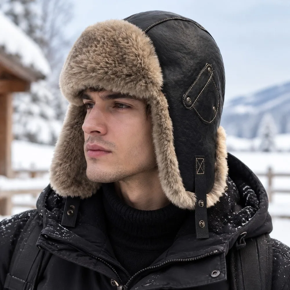 Neutral Vintage Pu Leather Pilot Hat Plush Side Rivets Winter Ski Cap Leather Buckle Thicked Ear Protection Hat Mountaineering