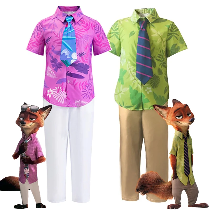 2025 Crazy Zoo City Kids Leaves Printed Shirt And Pants Necktie Birthday Party Cosplay Suit Boy Nick Fox Halloween Costume