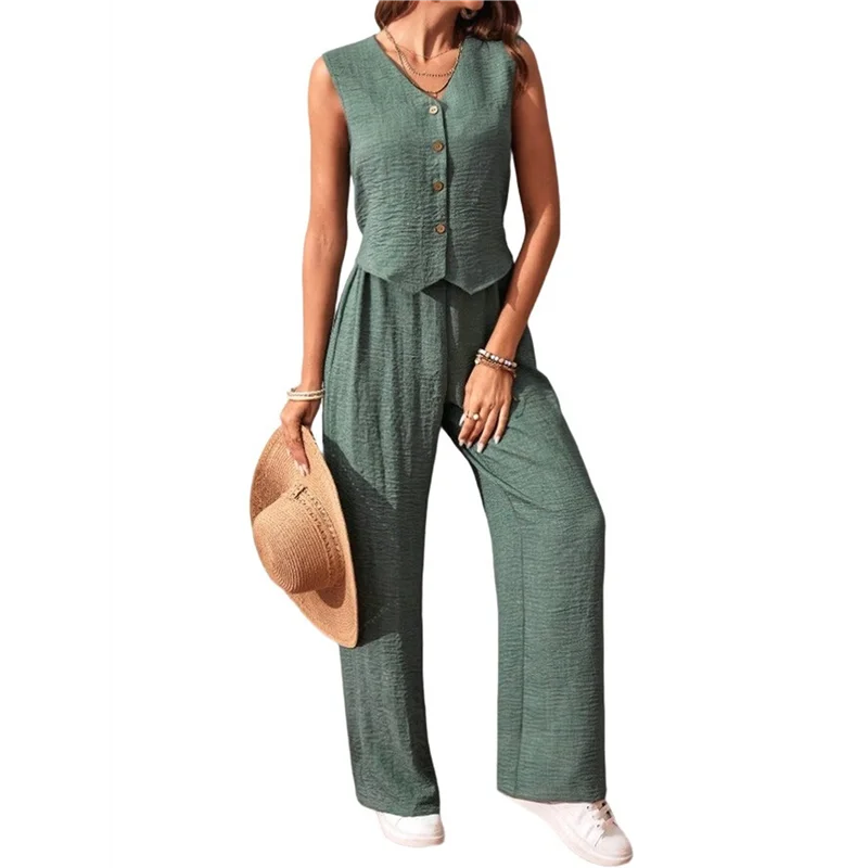 

ASDS-Women's 2 Piece Outfits Linen Vest Waistcoat Dressy Casual Sets Wide Leg Pants Suits