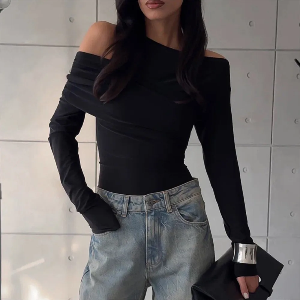 Fashionable Personalized Irregular Sloping Shoulder Pleated Slim Fit T-shirt Top Simple Style All-match Solid Color Temperament