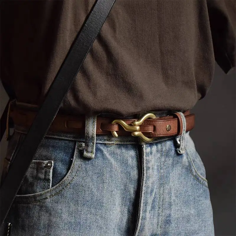Women's Top Layer Cowhide American Retro Copper Hook Buckle Handmade Belt Female Genuine Leather Personality niche Trend Belts